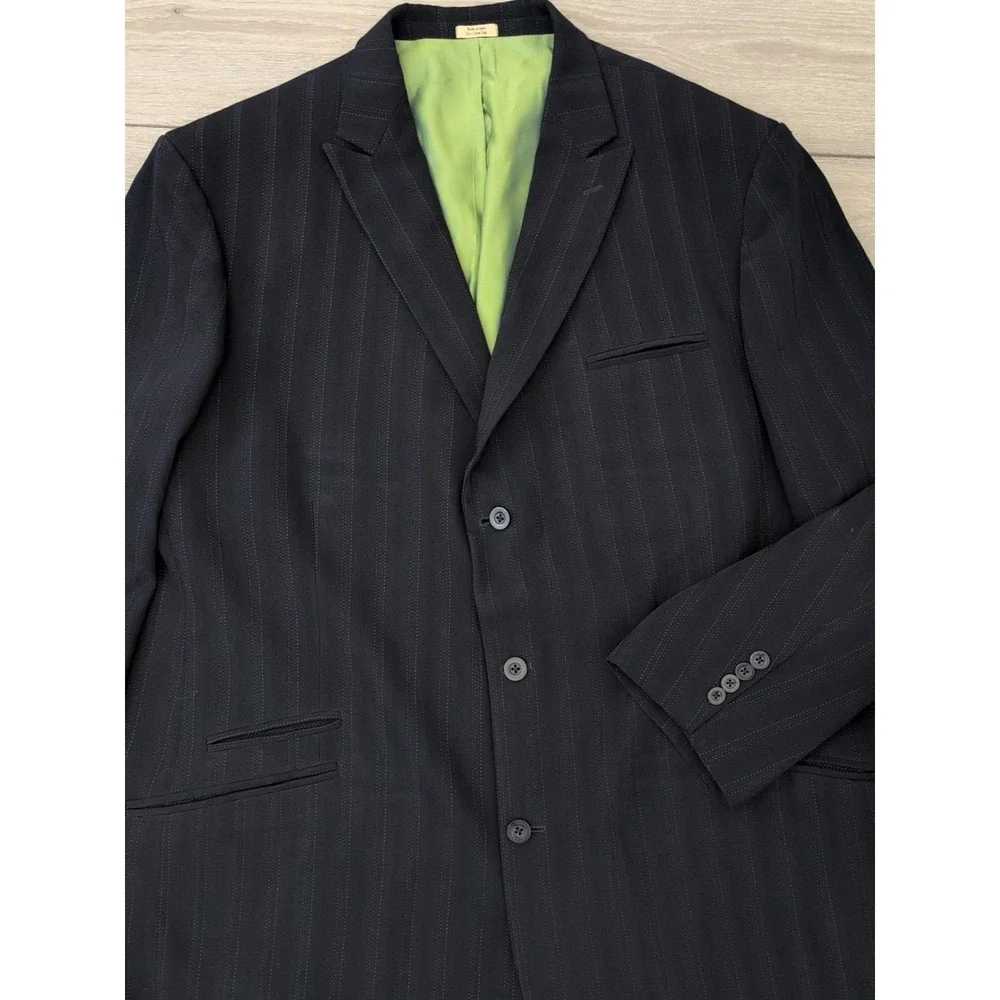 Cubavera Mens Blazer Suit Jacket Black Pinstripe Green Lining Size 52L
